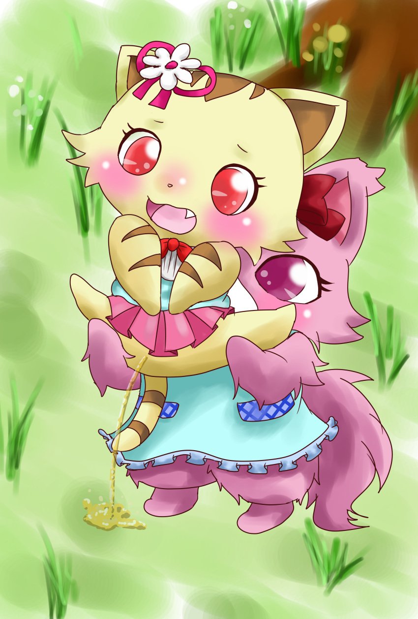 absurd_res anthro bodily_fluids chibi fur garnet_(jewelpet) genital_fluids hi_res jewelpet jewelpet_(species) pink_body pink_fur sango_(jewelpet) sanrio urine watersports yellow_body yellow_fur