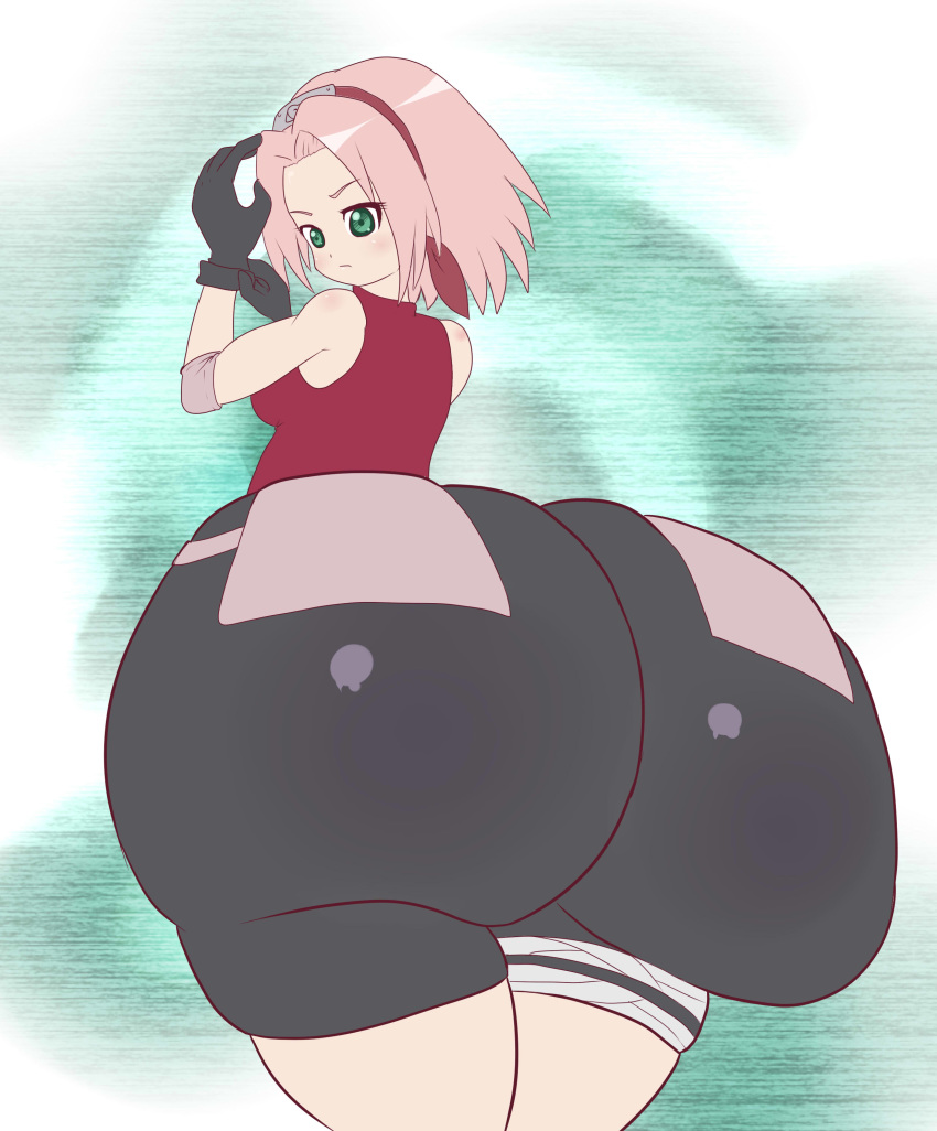 ass back_view big_ass bottom_heavy clothed clothed_female fat_ass female female_only green_eyes huge_ass huge_butt large_ass naruto naruto_(series) naruto_shippuden nikoh pink_hair sakura_haruno small_breasts solo solo_female thick_thighs wide_hips