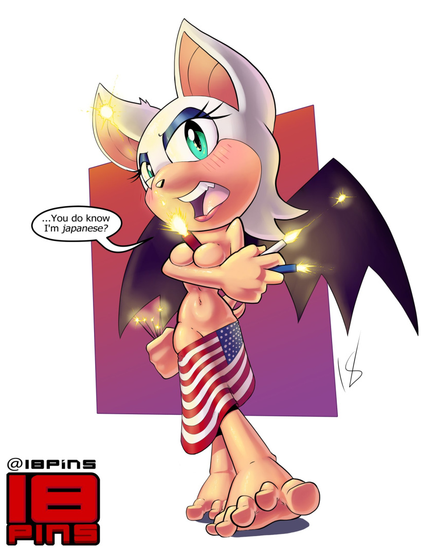 18pins american_flag barefoot blue_eyes blush blushing covering covering_breasts crossed_legs cyan_eyes embarrassed enf exhibitionism fangs feet female fireworks flag foot humiliation looking_at_viewer naked nude nude_female roman_candle rouge_the_bat sonic_(series) talking talking_to_viewer teasing toes