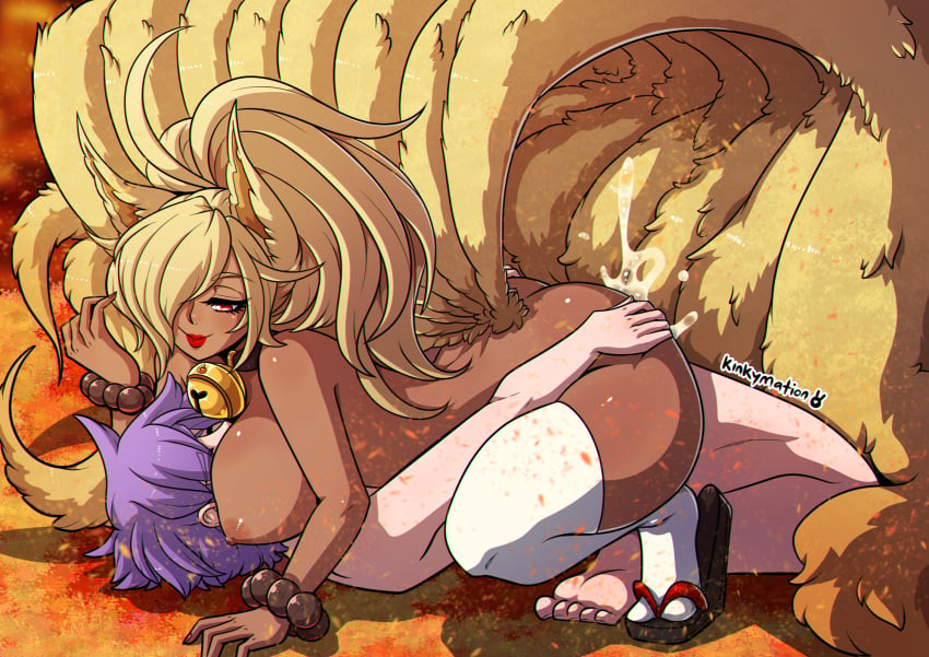 big_ass big_breasts big_penis blonde_hair cowgirl_position cum cum_inside female fox_tail human human_penetrating kinkymation lipstick male male_penetrating_female ninetales nintendo personification pokémon_(species) pokemon pokemon-girl_encyclopedia pokemusu purple_hair red_eyes red_lipstick sex