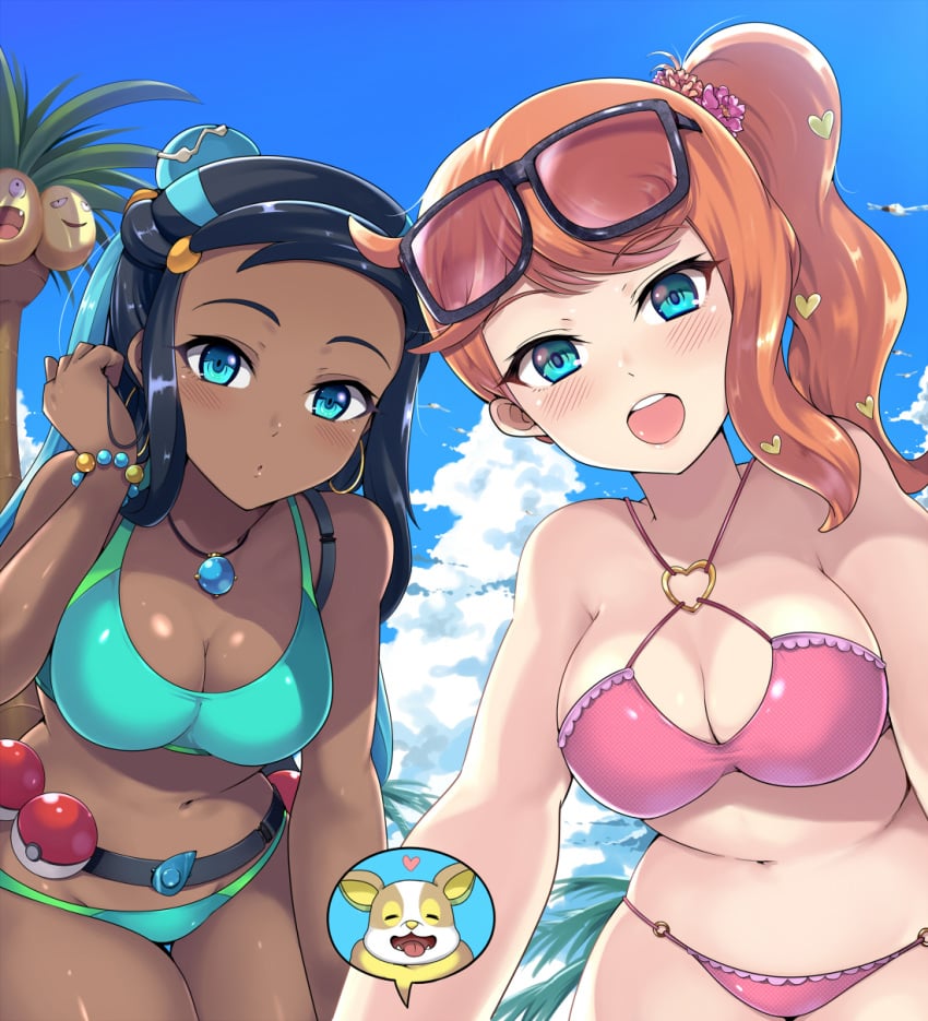 2020 2girls alolan_exeggutor ambiguous_gender big_breasts bikini blue_eyes blush chocolate_and_vanilla dark-skinned_female dark_skin earrings eye_contact female glasses hair_ornament human kasai_shin long_hair looking_at_viewer nessa_(pokemon) nintendo orange_hair pale-skinned_female pale_skin pokeball pokemon pokemon_sm pokemon_ss ponytail sonia_(pokemon) sunglasses_on_head two_tone_hair white_skin yamper