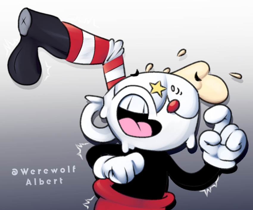 1boy artist_name black_balls black_body black_penis cry crying crying_with_eyes_open cup cuphead cuphead_(game) gradient_background male male_only nervous_face nervous_smile red_nose red_pants star_eye sweat sweating sweaty werewolf_albert what white_background white_gloves