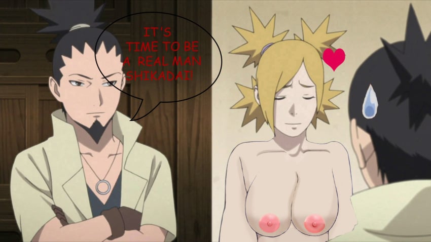 big_breasts black_hair blonde_hair boruto:_naruto_next_generations breasts breasts_out dialogue incest mother_and_son naked nara_shikadai nara_shikamaru naruto nipples sweatdrop temari