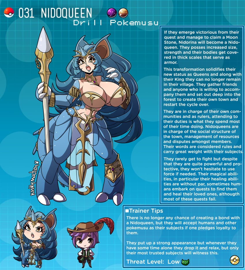 1girls big_breasts chibi cleavage creature_index humanized kinkymation nidoqueen nintendo page_31 pokedex pokemon pokemon-girl_encyclopedia pokemon_(species) pokemusu profile text text_box