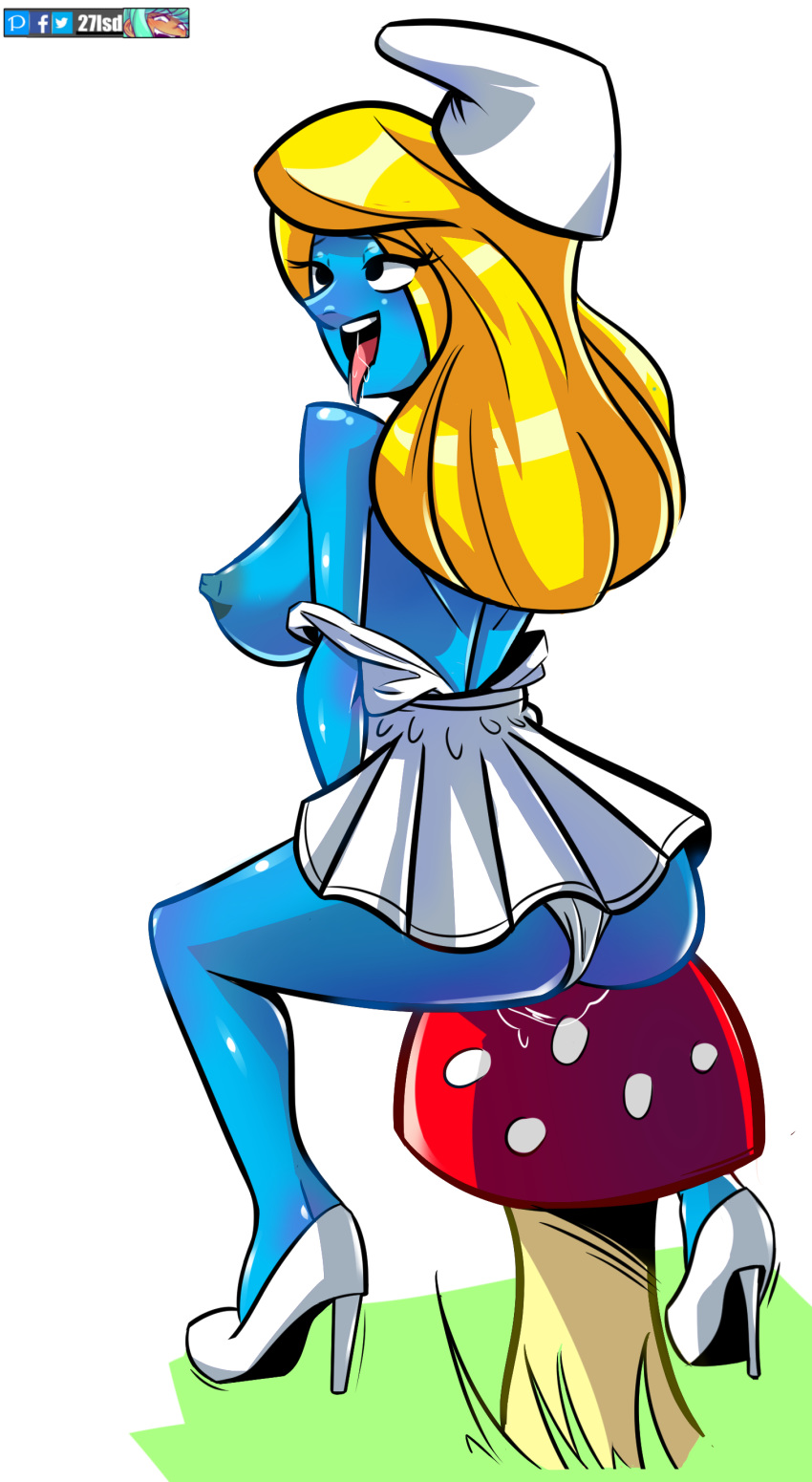 27lsd ahegao ass blonde_hair blue_fur blue_nipples breasts erect_nipples female fluids heels large_breasts legs panties smurfette the_smurfs tongue