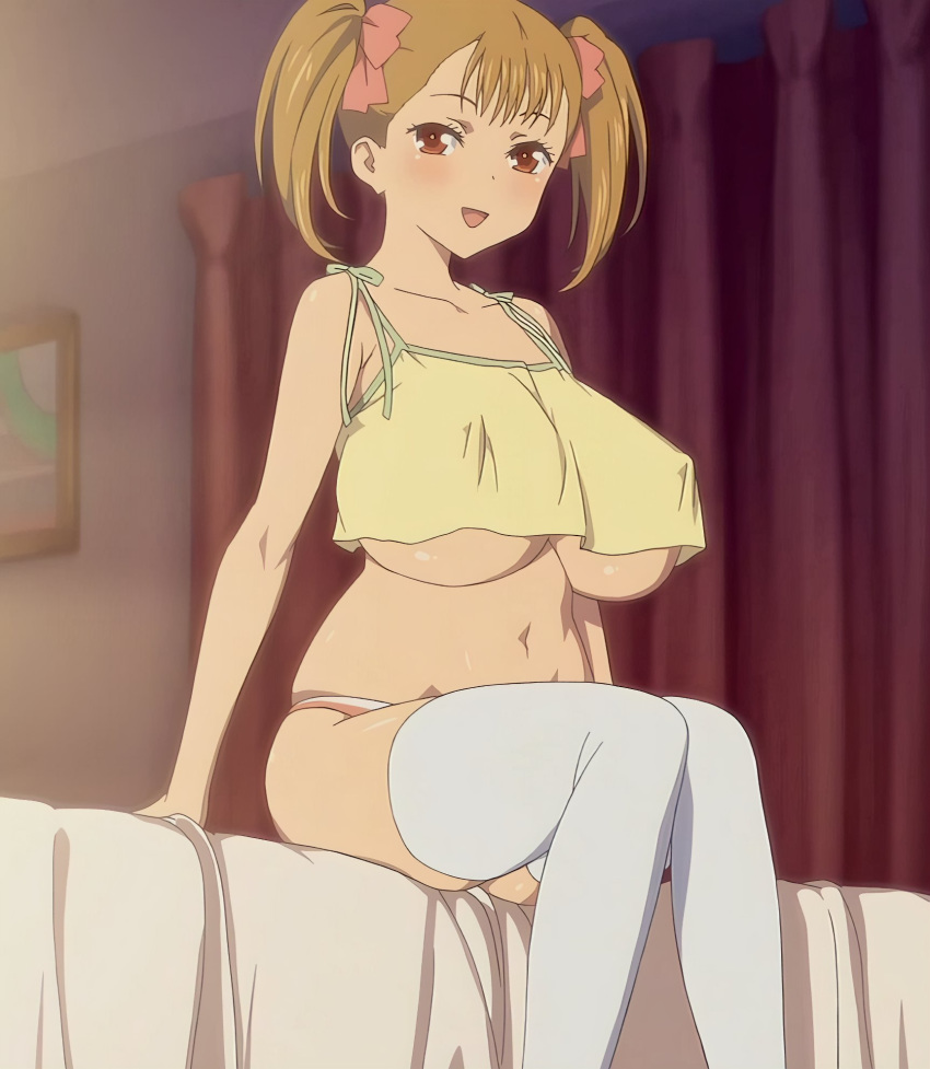 1girls arms_behind_back bangs bare_shoulders bed bed_sheet big_breasts breasts clothing collarbone crop_top curvy drapes edit erect_nipples erect_nipples_under_clothes eyelashes female female_focus female_only haha_musume_donburi_oppai_tokumori_bonyuu_shiru_dakude hair_ribbon hand_on_bed highres hips huge_breasts human indoors kaneko_hiraku large_breasts light_brown_hair looking_at_viewer medium_hair navel nipple_bulge nipples nipples_visible_through_clothing open_mouth orange_eyes panties plump ponytail revealing_clothes rumi_(haha_musume_donburi) screencap screenshot shiny_skin sitting skimpy smile solo solo_female stitched stockings thighhighs thighs third-party_edit tied_hair tongue toranoana twintails underboob underwear voluptuous