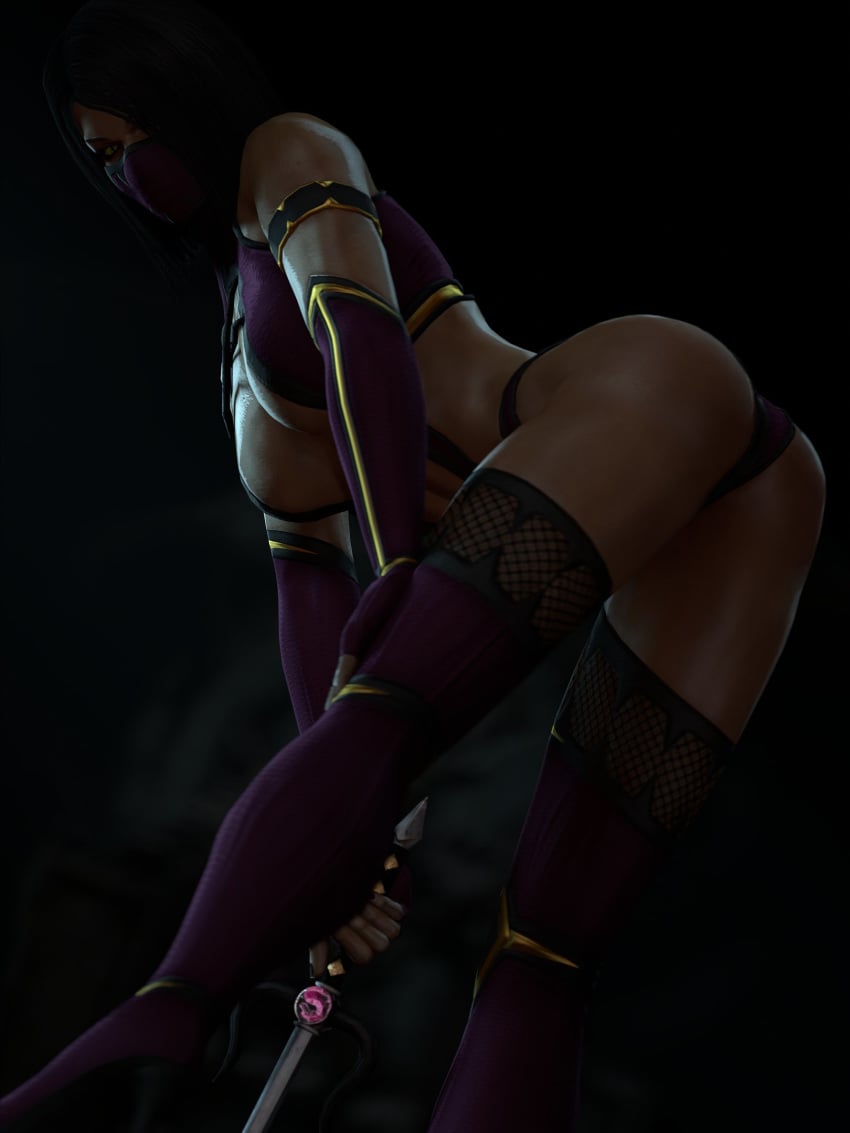 3d ass athletic athletic_female bent_over big_breasts black_hair breasts bubble_butt busty cleavage cleavage_cutout elbow_gloves female female_focus female_only hourglass_figure large_breasts leotard looking_at_viewer looking_back mask mileena mileena_(mk9) mortal_kombat mortal_kombat_(2011) nail_polish pinup rear_view short_hair skimpy skimpy_clothes solo thigh_boots thong_leotard tom123 wide_hips