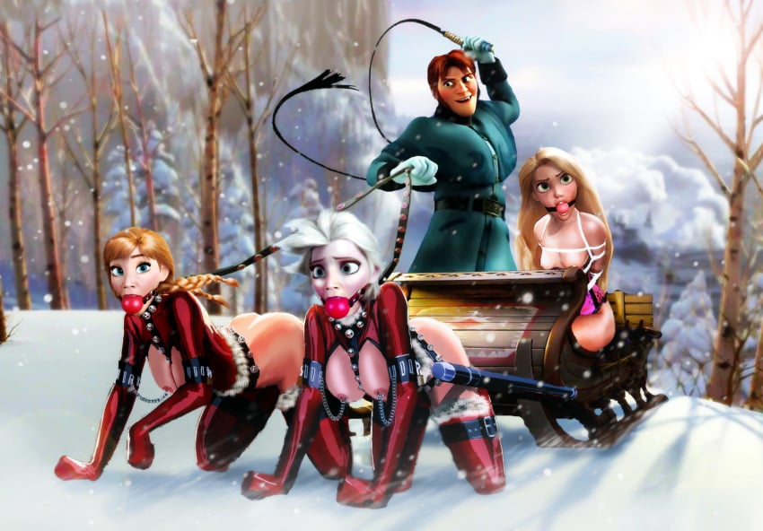 1boy 3girls anna_(frozen) arm_cuffs arms_behind_back ball_gag bdsm_gear bondage breasts breasts_out carriage clothed_male clothing collar corset crossover cuffs disney disney_princess elsa_(frozen) female femsub frozen_(film) gag gagged half-dressed horse_girl leash leash_pull linked_nipples maledom multiple_girls multiple_subs nipple_chain nipple_piercing nipples no_panties outdoors prince_hans pulling_carriage rapunzel revealing_clothes revealing_cutout rope snow tangled undyingtota whip whipping