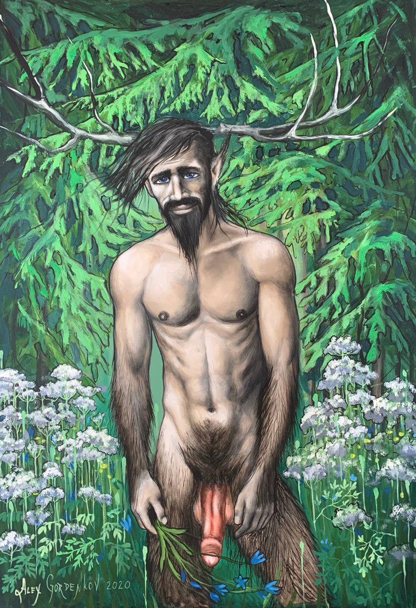 1boy 2020 abs alex_gordenkov antlers artist_name balls ballsack beard blue_eyes body_hair european_mythology facial_hair fae faun foreskin hairy_male half-human humanoid humanoid_penis intact leshy lesovik male male_nipples male_only male_pubic_hair masculine mature_male mustache nude_male partially_retracted_foreskin pecs penis pointy_ears pubes scrotum semi-erect testicles uncut