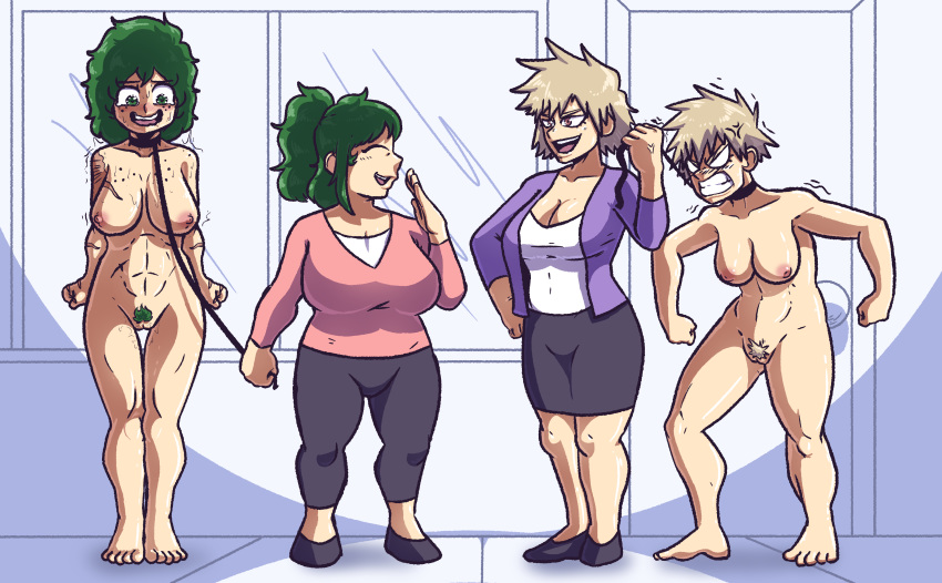 4girls angry blonde_hair breasts clothed clothed_female clothed_female_nude_female collar completely_nude embarrassed exhibitionism female female_bakugou female_deku genderswap genderswap_(mtf) green_hair happy humiliation inko_midoriya izuku_midoriya katsuki_bakugou leash mature_female milf mitsuki_bakugou mother mother_and_daughter multiple_girls my_hero_academia nude nude_female pubic_hair public public_humiliation public_nudity rule_63 scar scars spartandoodles talking wet_pussy yuri