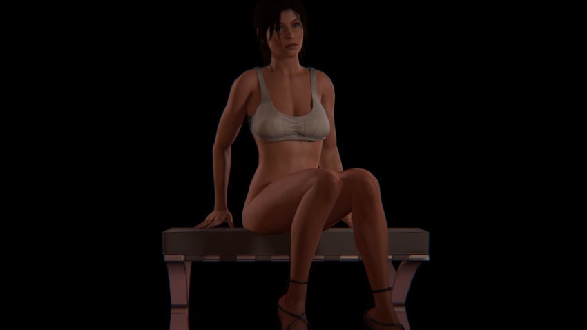 1girls 3d athletic athletic_female bare_shoulders black_background bottomless breasts brown_eyes brown_hair busty cleavage female female_focus highres hourglass_figure lara_croft lara_croft_(survivor) medium_breasts pose posing sitting sole_female solo tied_hair tom123 tomb_raider tomb_raider_(survivor) toned toned_female wide_hips