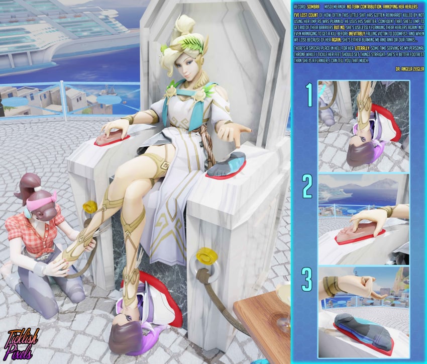 3d blender blizzard_entertainment brown_skin d.va dark-skinned_female dark_skin feet foot_fetish foot_tickling foot_worship latina mercy milf mole mole_under_eye multicolored_hair nipples open_toe_shoes overwatch purple_eyes purple_lips purple_makeup sombra tickling tickling_feet ticklishpixels yuri