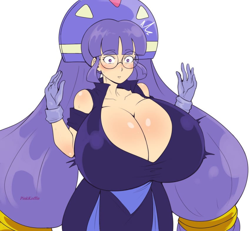 big_breasts cleavage clothed_female embarrassed female female_only glasses gluko long_hair mon_colle_knights pinkkoffin purple_hair solo solo_female solo_focus