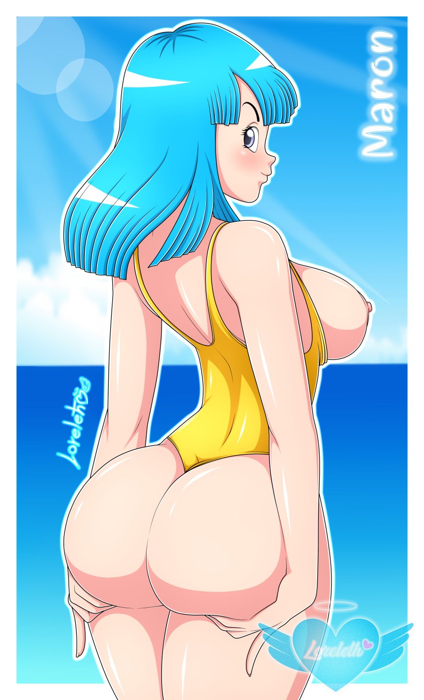 1girls ass blue_eyes canonical_scene cleavage curvy dat_ass dragon_ball dragon_ball_z erect_nipples female female_only huge_ass huge_breasts loreleth maron one_piece_swimsuit puffy_nipples shounen_jump solo swimsuit thick_lips voluptuous wide_hips