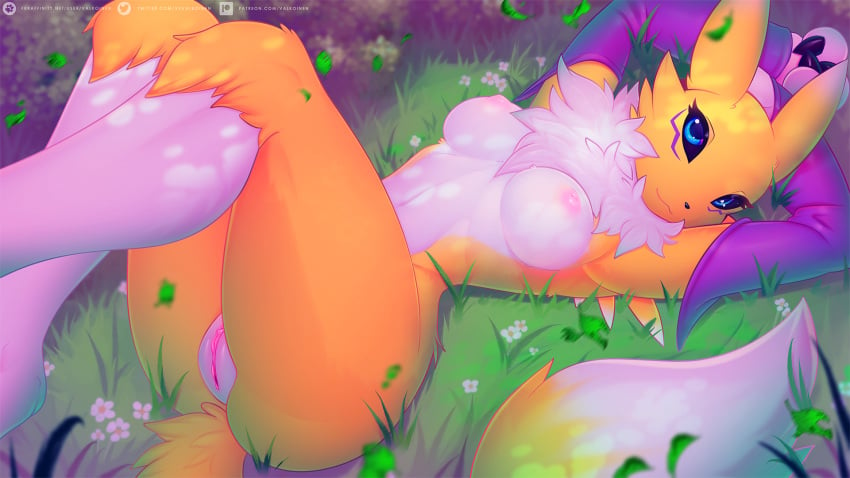 16:9 2020 anthro armwear breasts claws clothing digimon digimon_(species) female flower fur furry furry_only genitals grass hi_res labia lying mostly_nude nipples nude on_back plant pussy renamon solo tail text url valkoinen vulva widescreen yellow_body yellow_fur