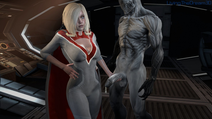 1boy 1girls 3d abs artist_name bald bald_man balls blonde blonde_hair blue_eyes bob_cut breasts claws cleavage cleavage_cutout clothing costume crossover curvy dc dc_comics erection female fingernails fully_clothed ghost hair_over_eye hair_over_one_eye hand_on_penis highres holding_penis huge_penis indoors injustice_2 interspecies large_penis lips livingthedream3d long_hair looking_at_penis looking_down male medium_breasts monster monster_boy muscles muscular muscular_male naked navel nude one_eye_covered outlast penis power_girl precum precum_drip source_filmmaker spirit standing straight superheroine testicles thick_thighs veins veiny_arms veiny_penis walrider white_skin wide_hips