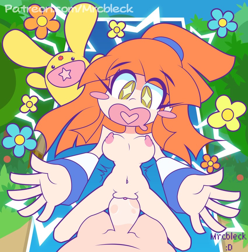 1boy 1girls arle_nadja background big_penis blush breasts breasts_out carbuncle_(puyo_puyo) cowgirl_position cute eyelashes faceless_male female flowers happy happy_sex madou_monogatari male mrcbleck orange_hair penetration ponytail pussy_juice puyo_puyo puyo_puyo_fever sega sex straight