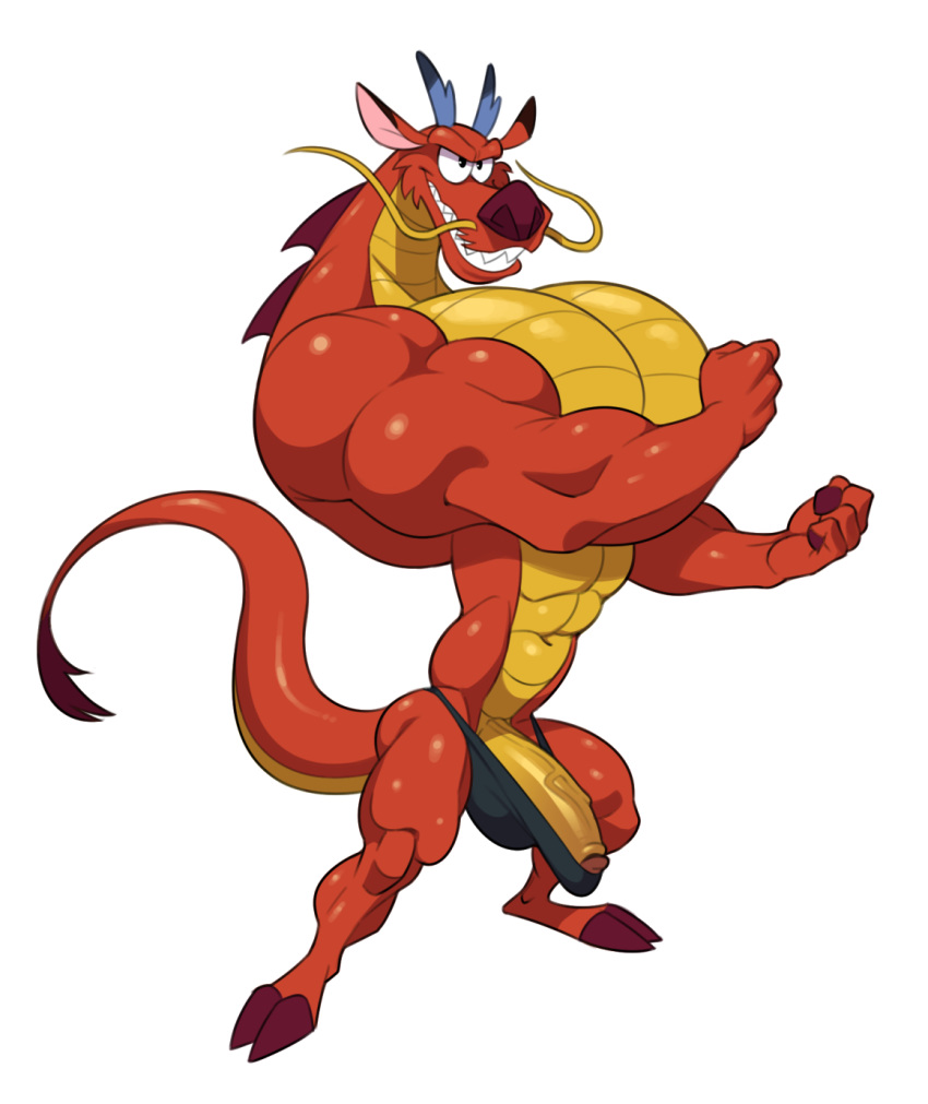 abs analon_(artist) anthro asian_mythology big_pecs clothing disney dragon east_asian_mythology eastern_dragon flexing genitals hi_res humanoid_genitalia humanoid_penis male male_only mulan muscular muscular_male mushu mythology navel pecs penis solo speedo swimwear toomanyboners white_background yellow_penis