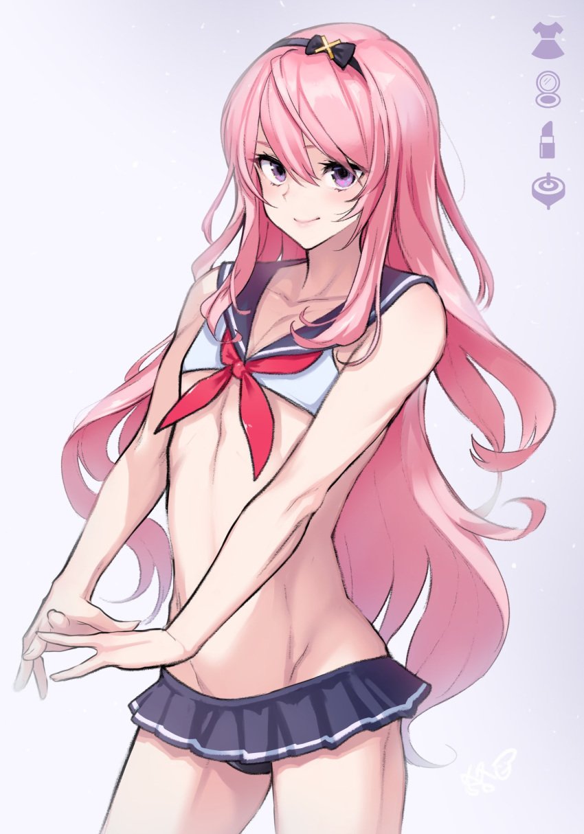 1boy bangs bare_shoulders black_hairband black_panties bulge collarbone commentary_request cowboy_shot crop_top femboy gradient gradient_background hair_between_eyes hairband highres holostars holostars_gen_3 holostars_japan long_hair looking_at_viewer mafia_(holostars) male_focus meme50 microskirt panties pink_eyes pink_hair sailor_collar simple_background skirt sleeveless smile solo stomach trap tsukishita_kaoru underwear very_long_hair virtual_youtuber youtube