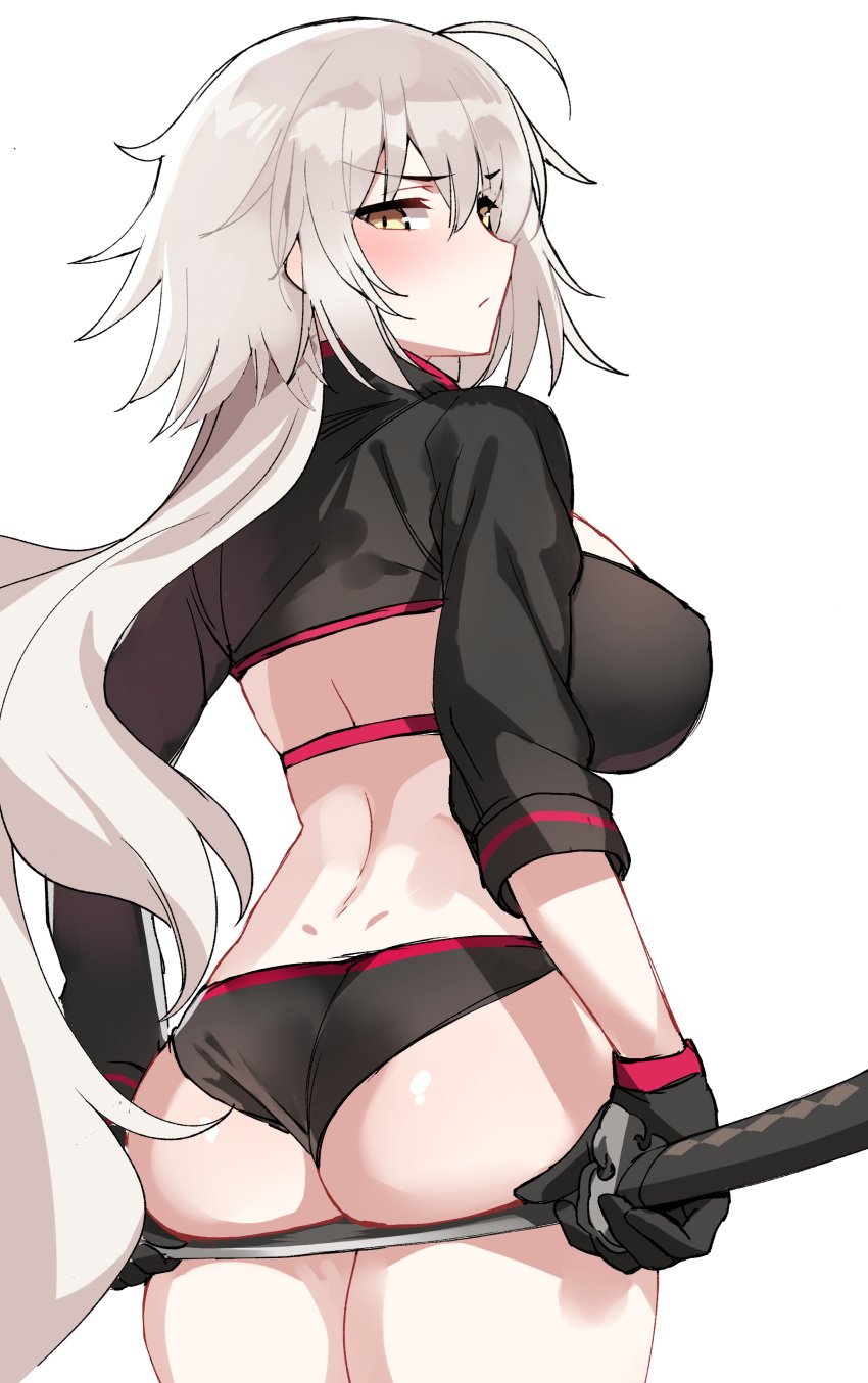 ahoge ass ass_support bangs bikini black_bikini black_gloves black_jacket black_swimsuit blush breasts choker eyebrows_visible_through_hair fate/grand_order fate_(series) female from_behind gloves hair_between_eyes high_resolution holding holding_sword holding_weapon jacket jeanne_alter jeanne_alter_(swimsuit_berserker) katana large_breasts long_hair looking_at_viewer looking_back ndgd ndgd_(bean1215) shrug_(clothing) simple_background solo swimsuit sword very_high_resolution very_long_hair weapon white_background white_hair yellow_eyes