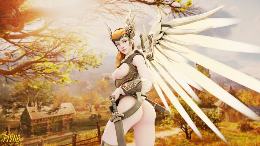 3d ass blue_eyes breasts female fjvnb human mercy overwatch red_hair sigrun_mercy