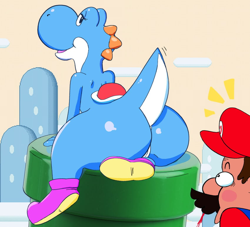 1boy 1girls absurd_res anthro ass cyan_yoshi dubindore duo female female_focus hi_res looking_at_another looking_back male mario mario_(series) nintendo outdoors pussy sky solo_focus straight super_mario_bros. tail video_games yoshi