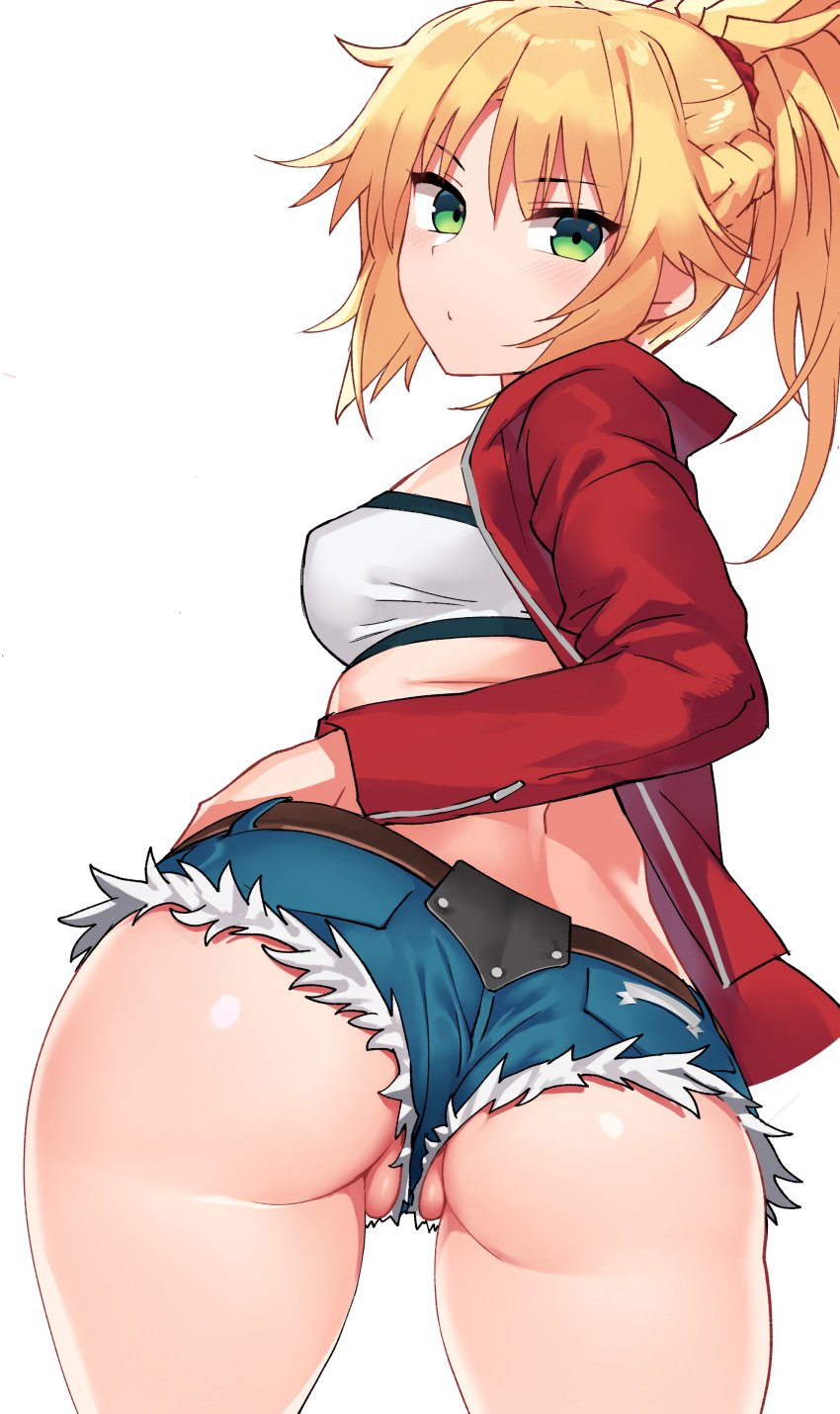 1girls ass back bandeau bangs belt between_labia blonde_hair blush braid breasts cowboy_shot cutoffs denim denim_shorts eyebrows_visible_through_hair fate/apocrypha fate_(series) female from_behind green_eyes hand_on_hip high_resolution hips innie_pussy jacket long_hair looking_at_viewer looking_back medium_breasts messy_hair mordred_(fate) ndgd ndgd_(bean1215) no_nude nopan open_clothes open_jacket partially_visible_vulva ponytail red_jacket scrunchie short_shorts shorts sidelocks simple_background small_breasts solo standing thighs tied_hair tsurime very_high_resolution white_background