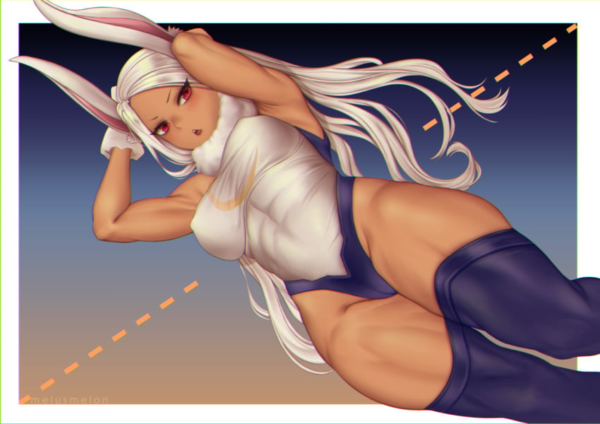 1girls abs arms_above_head bunny_ears bunnysuit clothed clothed_female dark-skinned_female dark_skin female female_only gloves hero_outfit_(mha) leotard long_hair melusmelon miruko muscular muscular_female muscular_thighs my_hero_academia rabbit_ears red_eyes rumi_usagiyama solo solo_female thick_thighs thighhighs white_gloves white_hair