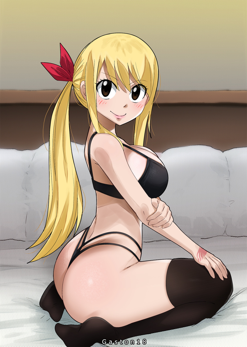 1girls ass big_ass black_bra black_thong blonde_hair bra breasts brown_eyes cute fairy_tail female female_only gaston18 hair_ribbon lingerie lucy_heartfilia panties ponytail small_panties smile stockings thong