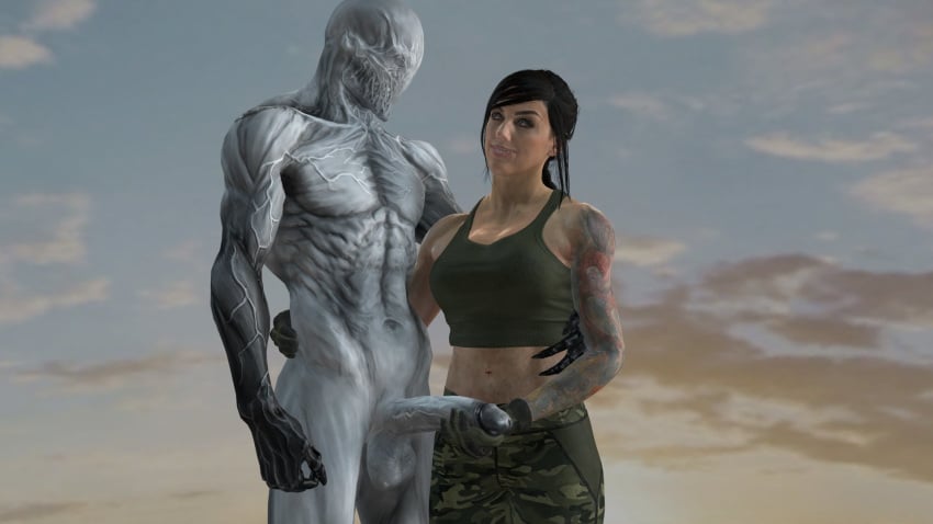 1boy 1girls 3d abs arm_tattoo bald bald_man balls big_penis black_hair call_of_duty camo camo_pants camouflage camouflage_pants claws clothing clouds crossover erection eyelashes eyeshadow female fully_clothed ghost gloves green_gloves green_tank_top hand_on_penis hand_on_waist highres holding_penis huge_penis imminent_sex interspecies large_penis latina lips livingthedream3d looking_at_another looking_at_partner looking_down looking_up male mara_(cod) military military_uniform monster monster_boy muscles muscular muscular_female muscular_male naked navel nude outdoors outlast penis ponytail sky smile smiling source_filmmaker spirit standing straight tank_top tattoo testicles veins veiny_arms veiny_penis walrider white_skin