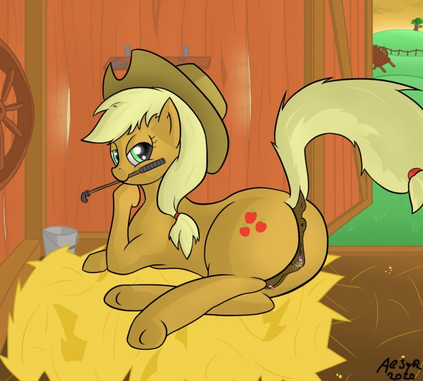 aesyr applejack_(mlp) ass barn bodily_fluids clitoral_winking clitoris crotchboobs equid equine female feral friendship_is_magic furry genital_fluids genitals hasbro horse looking_at_viewer mammal my_little_pony presenting presenting_hindquarters pussy pussy_juice smile solo sunset whip