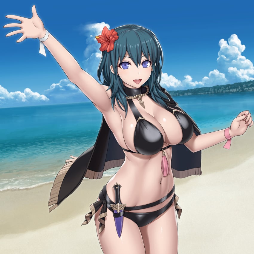 1girls armpits asamura_hiori bikini breasts byleth_(fire_emblem) byleth_(fire_emblem)_(female) byleth_(fire_emblem)_(female)_(summer) cleavage female female_only fire_emblem fire_emblem:_three_houses fire_emblem_heroes large_breasts nintendo sideboob solo stomach summer waving