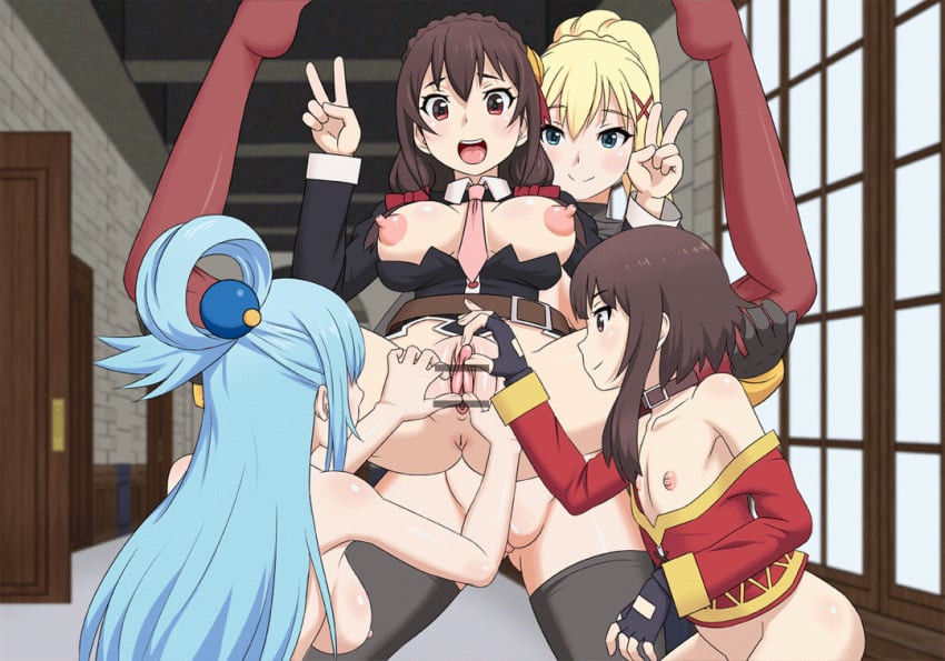 4girls aqua_(konosuba) censored clitoris clothing darkness_(konosuba) fingering flat_chest kono_subarashii_sekai_ni_shukufuku_wo! looking_at_pussy megumin ponpondou tagme yunyun_(konosuba) yuri