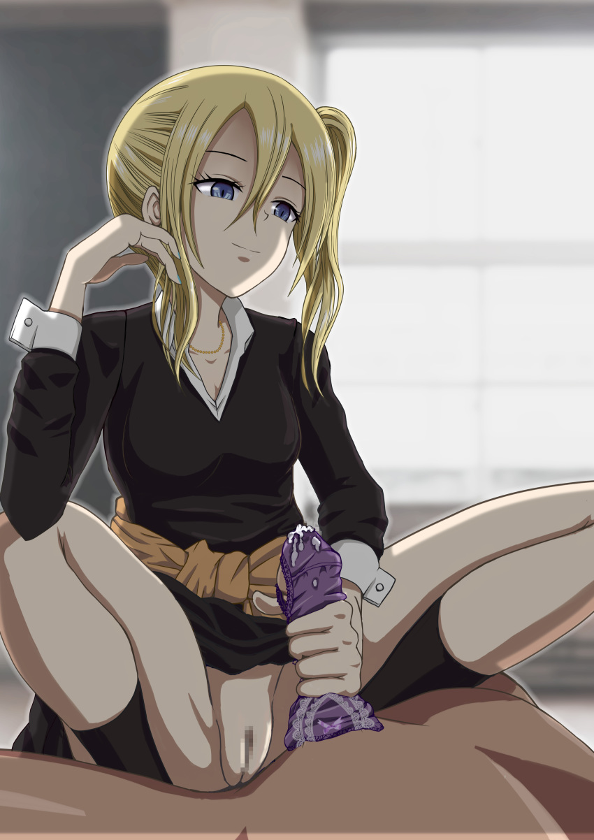 1boy blue_eyes censored cum cum_in_panties female gyaru hair_play half-dressed handjob hayasaka_ai highres kaguya-sama_wa_kokurasetai_~tensai-tachi_no_renai_zunousen~ kogal legs nail_polish pantyjob ponytail pov purple_panties pussy senga shaved_pussy shirt sitting smile yellow_hair