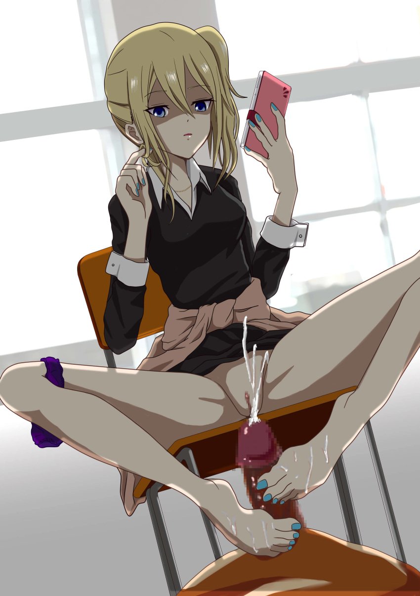 1boy blue_eyes censored chair cum cum_on_feet ejaculation feet female footjob gyaru hair_play half-dressed hayasaka_ai highres kaguya-sama_wa_kokurasetai_~tensai-tachi_no_renai_zunousen~ kogal legs looking_at_penis nail_polish panties_aside ponytail pov purple_panties pussy senga shaved_pussy shirt sitting smartphone yellow_hair