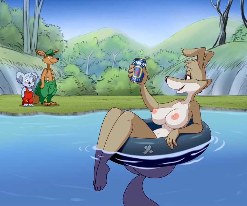 1girls 2020 20th_century_fox 2boys 4_toes alcohol anthro areola ass beer beverage beverage_can blinky_bill blinky_bill_(series) blush breasts butt canid canine canis casual_nudity clothed clothed/nude clothed_male_nude_female clothing daisy_dingo dingo female gracie_films group inner_tube kangaroo koala lonbluewolf macropod male mammal marsupial nipples nude outside parody partially_submerged pool_toy skinny_dipping splodge the_simpsons toes vombatiform water