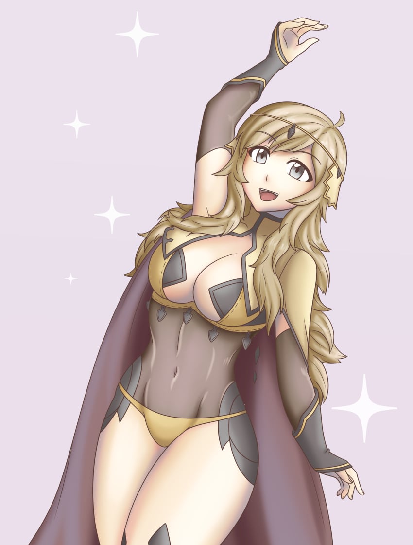 1girls aged_up blonde_hair breasts cape cleavage cleavage_cutout covered_nipples covering female_focus female_only fire_emblem fire_emblem_fates grey_eyes hayato_stuff large_breasts long_hair open_mouth ophelia_(fire_emblem) smile sparkle thick_thighs thighs waving