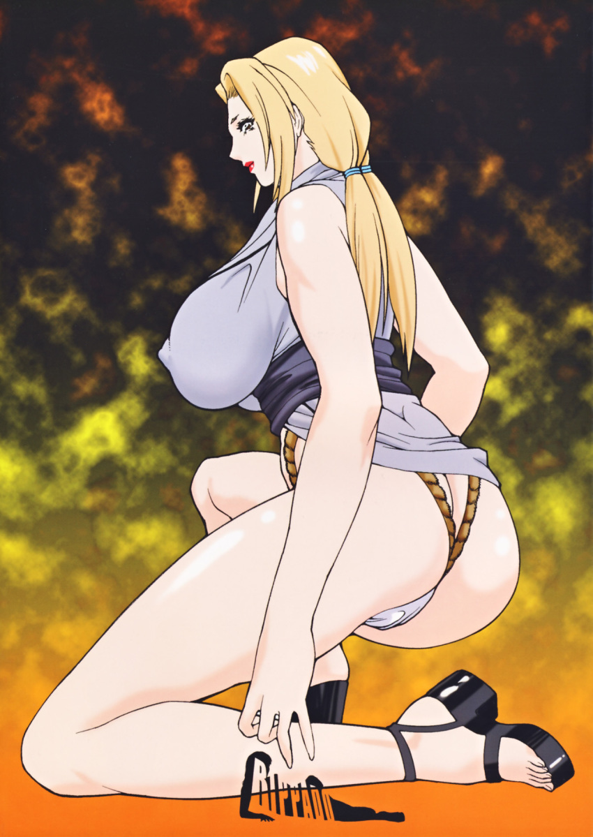 1girls ass big_breasts blonde_hair breasts brown_eyes erect_nipples erect_nipples_under_clothes feet female female_only footwear fundoshi heels high_heels kimono kneeling large_breasts looking_aside looking_at_viewer makeup naruto naruto_(series) naruto_shippuden red_lips rippadou short_kimono sideboob solo toes tsunade twintails underwear