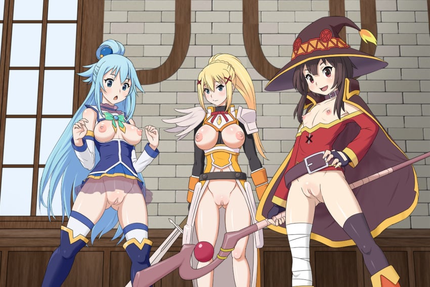 3girls aqua_(konosuba) big_breasts boots bottomless darkness_(konosuba) exposed_breasts female_only front_view girls_only kono_subarashii_sekai_ni_shukufuku_wo! medium_breasts megumin multiple_girls partially_clothed ponpondou pussy screen_capture screencap screencap_edit screencap_redraw screenshot screenshot_edit small_breasts tagme thigh_boots thighhigh_boots