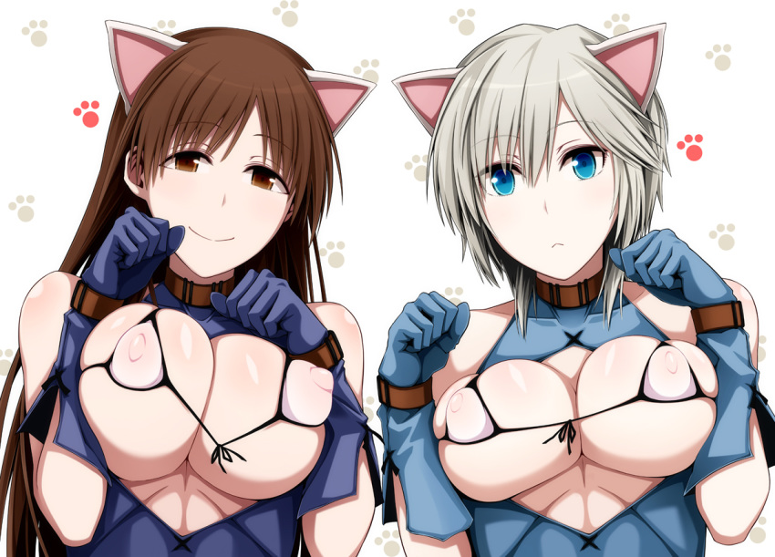 2girls anastasia_(idolmaster) animal_ears bikini blue_eyes breasts brown_eyes brown_hair cat_ears covered_nipples gloves idolmaster idolmaster_cinderella_girls large_breasts long_hair looking_at_viewer love_laika micro_bikini multiple_girls nitta_minami paw_pose photoshop_(medium) short_hair silver_hair smile swimsuit uron-rei