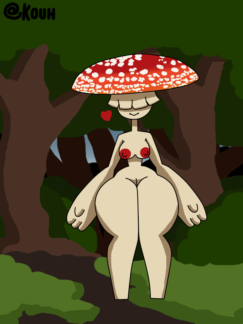 2020 3:4 4_fingers amanita anthro ass big_breasts big_butt breasts deiny_(kouh) detailed_background digital_media_(artwork) elemental_creature elemental_humanoid female fingers fungi_fauna fungi_humanoid fungus genitals hair hi_res humanoid kouh looking_at_viewer mushroom mushroom_humanoid nipples nude pussy sky smile solo thick_thighs tree white_body white_hair wide_hips