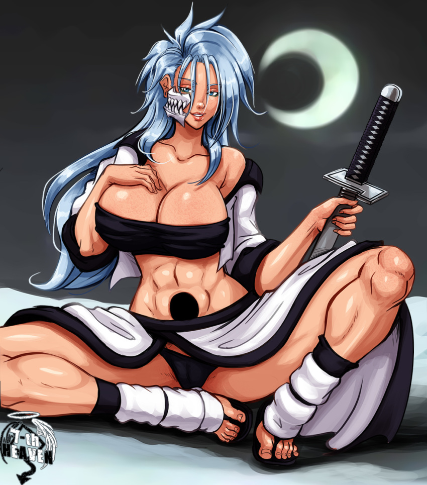 1girls 7th-heaven areolae areolae_slip big_breasts bleach blue_eyes blue_hair breasts cameltoe cleavage dovoros feet female female_only genderswap genderswap_(mtf) grimmjow_jaegerjaquez holding_object holding_weapon leg_warmers mask moon off_shoulder outdoors panties rule_63 sitting sword toeless_footwear toes