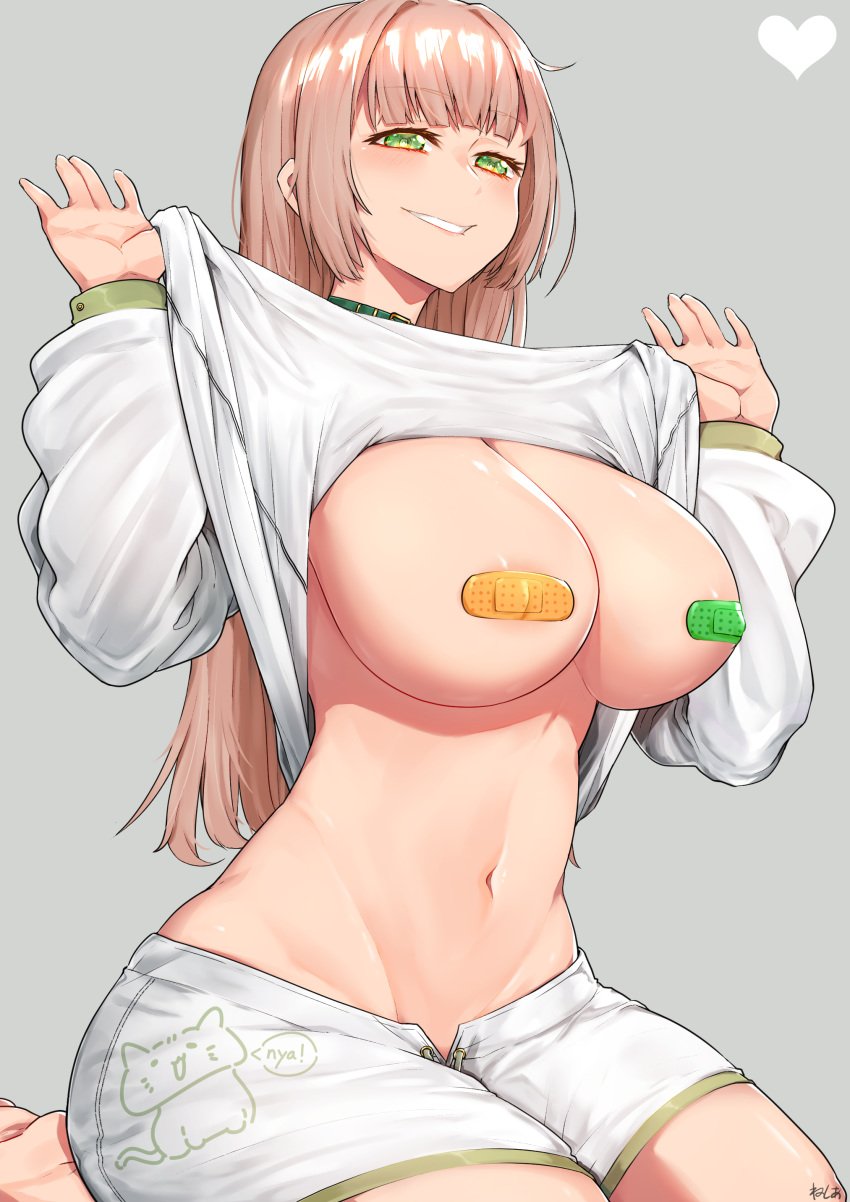 1girls areola_slip areolae bandaid bandaids_on_nipples blush breasts brown_hair cleavage collar eyebrows_visible_through_hair female female_only green_eyes grey_background grin heart large_breasts lifted_by_self long_hair navel neshia_(tsaqif0309) original pasties seiza shorts simple_background sitting smile