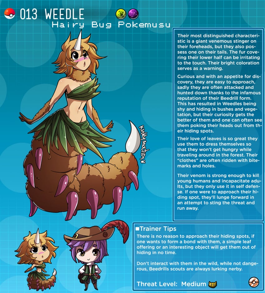 brown_fur bug_girl creature_index english_text hi_res kinkymation nintendo page_13 pokedex pokemon pokemon-girl_encyclopedia pokemon_rgby pokemusu profile text weedle