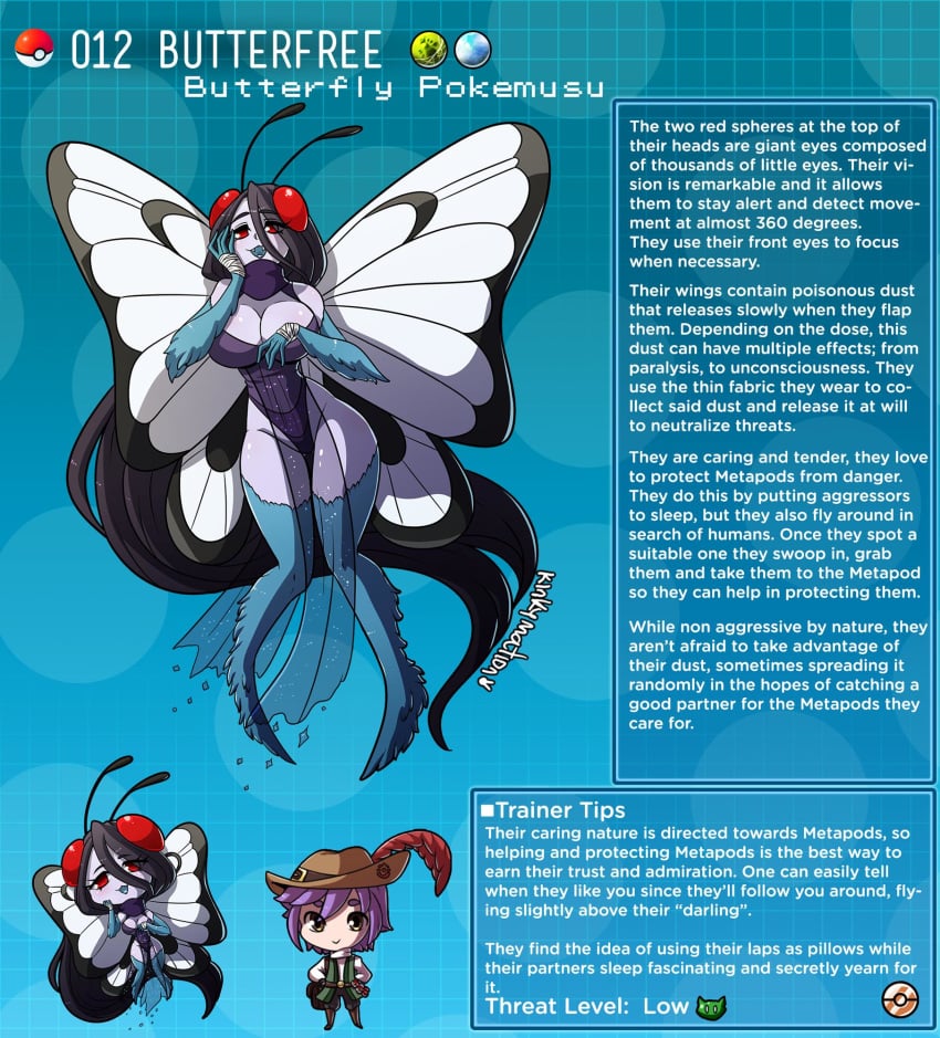 butterfly_wings butterfree creature_index dark_purple_hair english_text hi_res kinkymation monster_girl nintendo page_12 personification pokedex pokemon pokemon-girl_encyclopedia pokemusu profile purple_skin red_eyes text wings