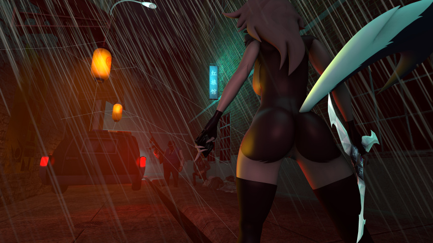 1girls 3d alley anthro crossover fedolphin furry glaive gun helluva_boss loona_(helluva_boss) mafia nude nude_female phone rain source_filmmaker tagme vivienne_medrano weapon