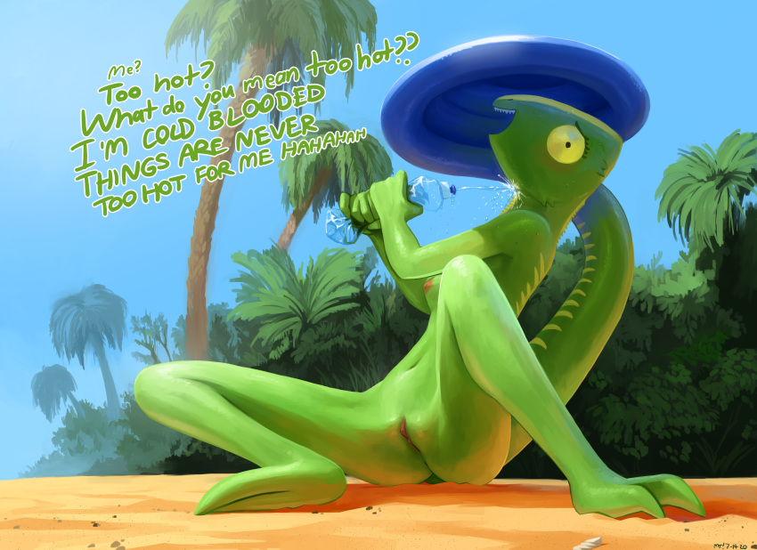 2020 absurd_res anthro ass blush bottle breasts chameleon clitoris detailed_background dialogue english_text female genitals green_body green_scales hex_spectra_(the-minuscule-task) hi_res holding_object lizard looking_at_viewer navel nipples non-mammal_breasts nude open_mouth outside palm_tree pussy reptile sand scales scalie sitting sky solo spread_legs spreading text the-minuscule-task tree water wet