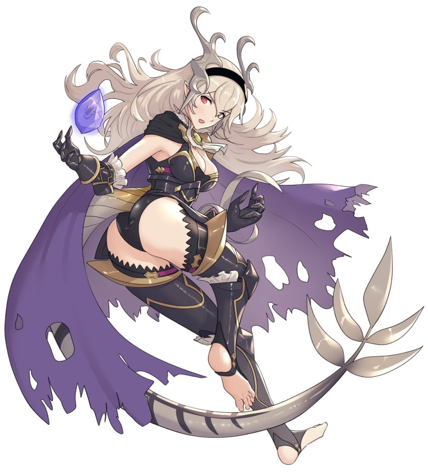 1girls action_pose armor ass big_ass big_breasts black_cape boobs_and_butt_pose cleavage clothing corrin_(female)_(nohr_noble)_(fire_emblem) corrin_(fire_emblem) corrin_(fire_emblem)_(female) cravat dragon_girl feet female fire_emblem fire_emblem_fates frills gonzarez horn horns large_ass large_breasts leotard looking_back manakete nintendo platinum_blonde_hair pointy_ears red_eyes solo_female tail wip