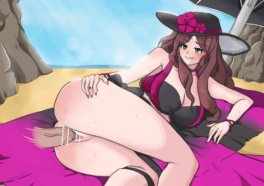 1girls ass bare_legs beach big_ass bikini brown_hair censored disembodied_penis dorothea_arnault dorothea_arnault_(summer) female fire_emblem fire_emblem:_three_houses fire_emblem_heroes flower green_eyes hat huge_ass large_breasts long_hair lying ring sex skye_borough straight sun_hat sweat sweatdrop swimsuit thick_thighs thighs towel vaginal_penetration