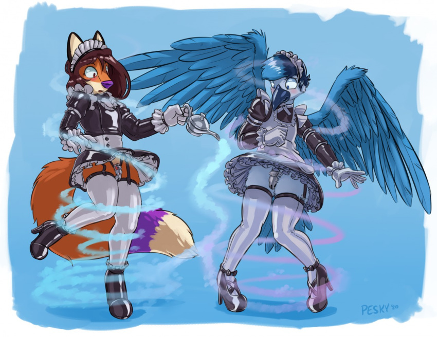 2020 apollo_(apollojay89) avian beak bird blush canid canine chastity_cage chastity_device clothing duo footwear fox genitals girly high_heels jacob_(laugh) magic_lamp maid_headdress maid_uniform male mammal penis peskybatfish shoes uniform